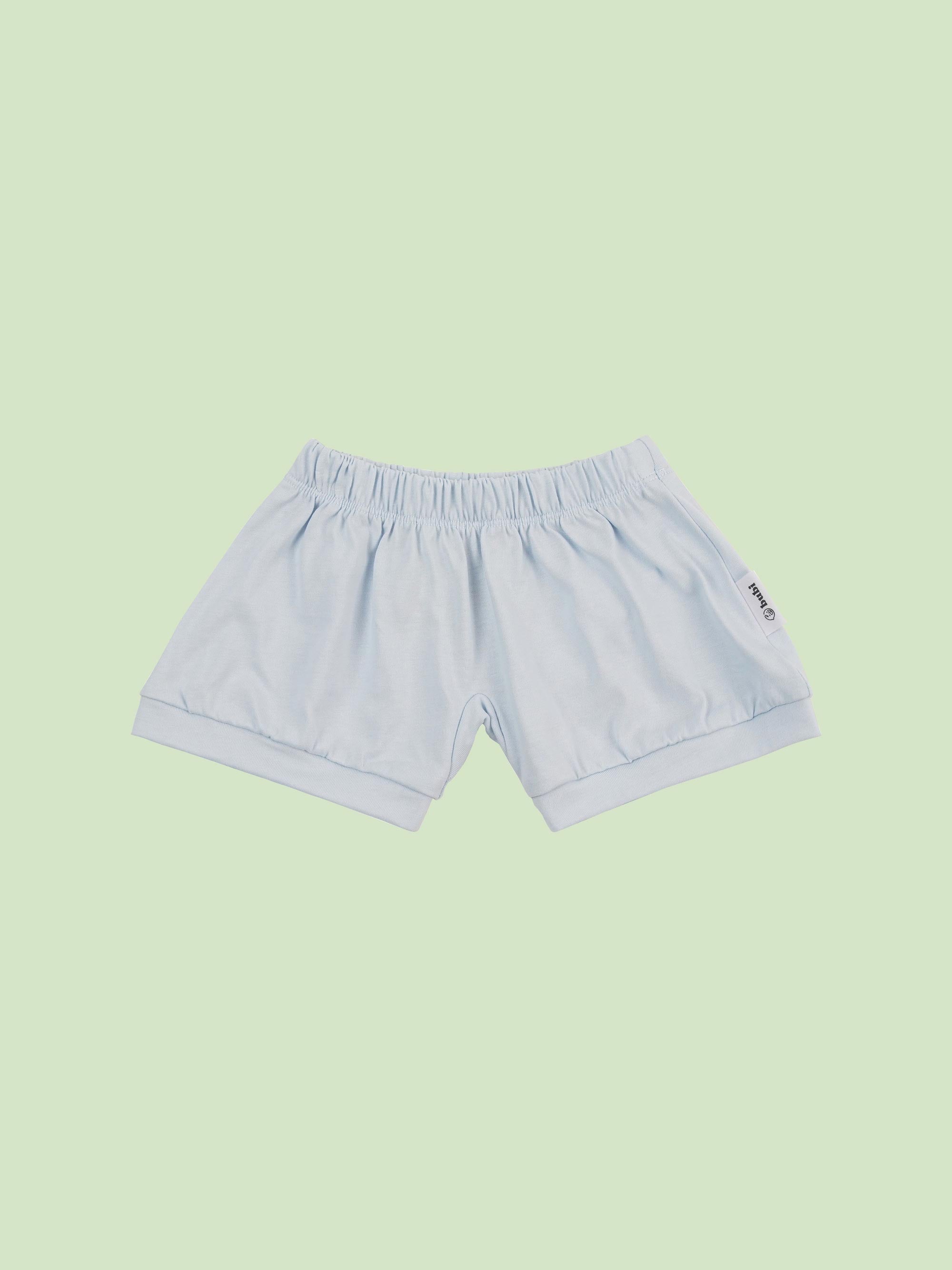 organic cotton baby shorts in blue - front view