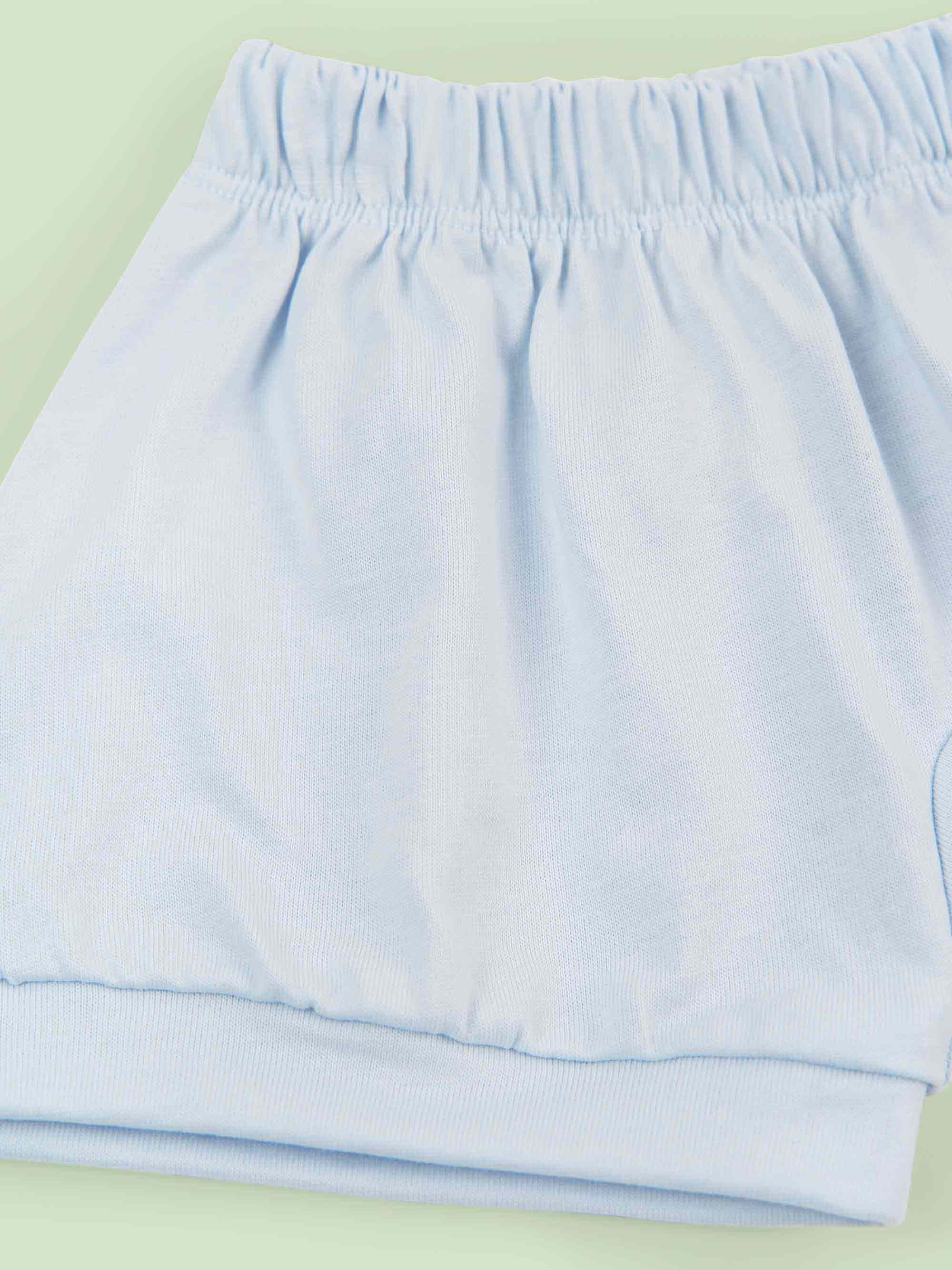 organic cotton baby shorts in blue - close-up
